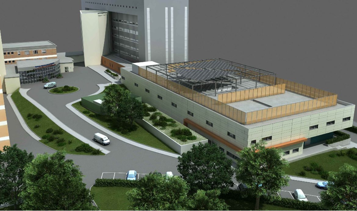 Render della piastra operatoria composta da otto sale operatorie.